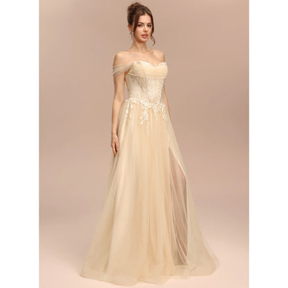 Elegant A-Line Sweetheart Off-Shoulder Lace Slit Champagne Floor-Length Prom Dress