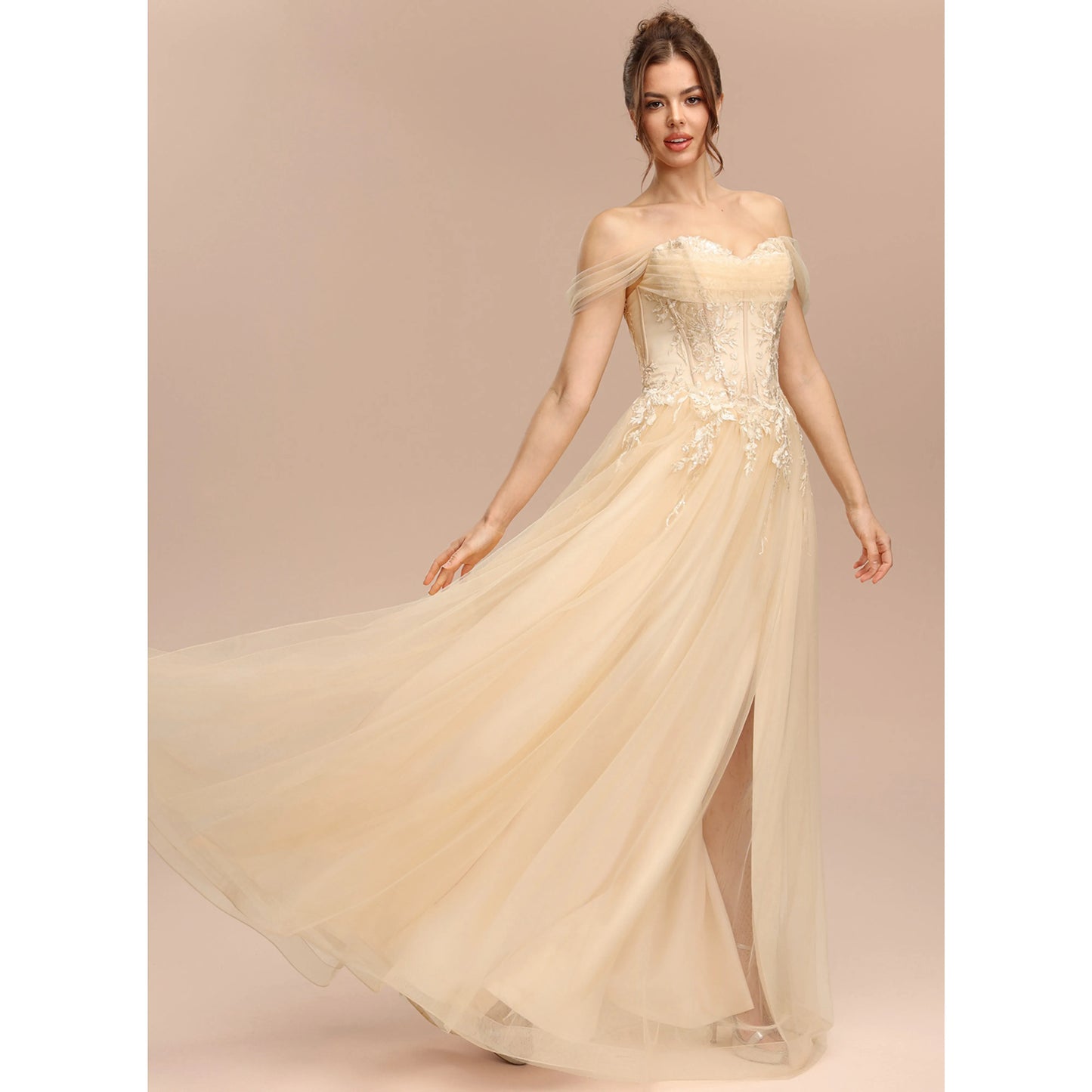 Elegant A-Line Sweetheart Off-Shoulder Lace Slit Champagne Floor-Length Prom Dress