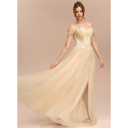 Elegant A-Line Sweetheart Off-Shoulder Lace Slit Champagne Floor-Length Prom Dress