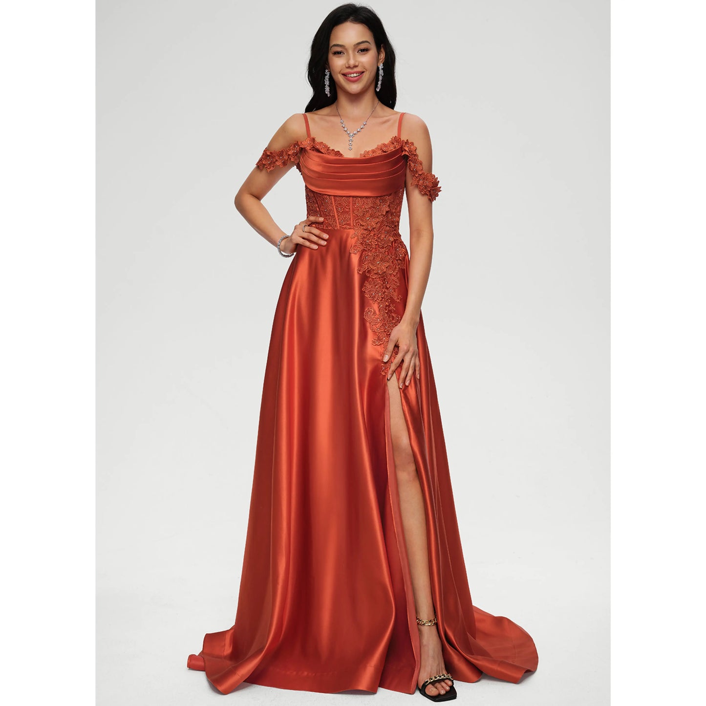 Elegant A-Line Sweetheart Off-Shoulder Lace Slit Rust Orange Prom Gown