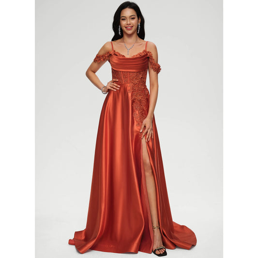 Elegant A-Line Sweetheart Off-Shoulder Lace Slit Rust Orange Prom Gown