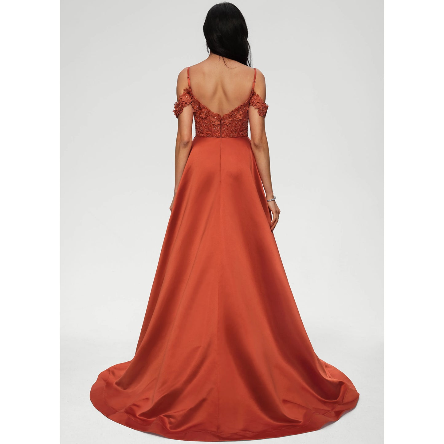 Elegant A-Line Sweetheart Off-Shoulder Lace Slit Rust Orange Prom Gown