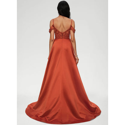 Elegant A-Line Sweetheart Off-Shoulder Lace Slit Rust Orange Prom Gown