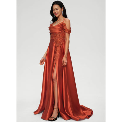 Elegant A-Line Sweetheart Off-Shoulder Lace Slit Rust Orange Prom Gown