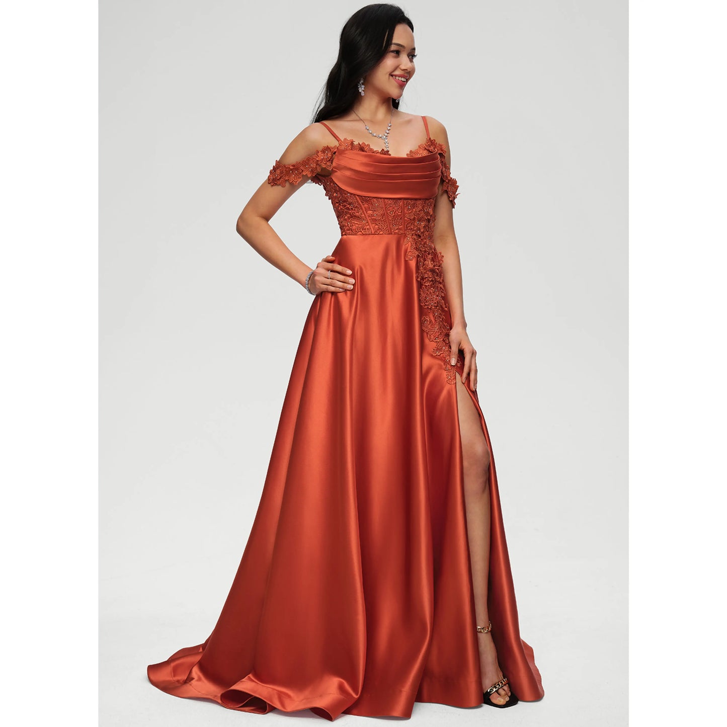 Elegant A-Line Sweetheart Off-Shoulder Lace Slit Rust Orange Prom Gown