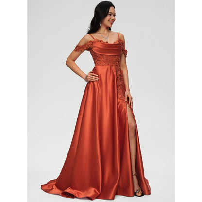 Elegant A-Line Sweetheart Off-Shoulder Lace Slit Rust Orange Prom Gown