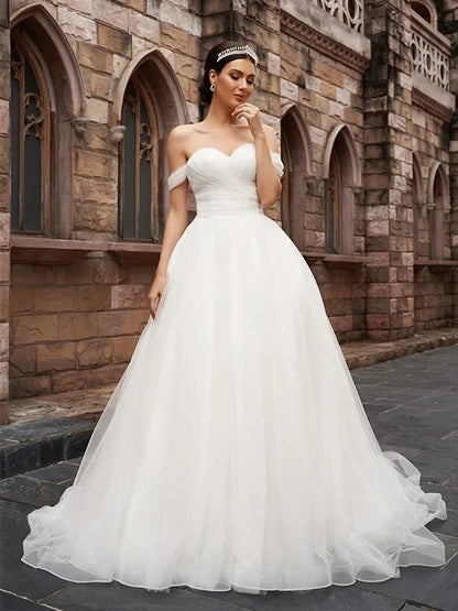 Elegant A-Line Sweetheart Off-Shoulder Princess Flowy Ivory White Floor-Length Wedding Dresses for Bride