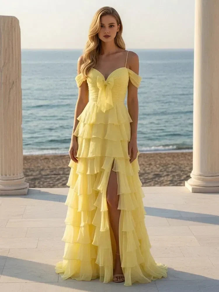 Elegant A-Line Sweetheart Off-Shoulder Ruffled Slit Yellow Floor-Length Prom Dress
