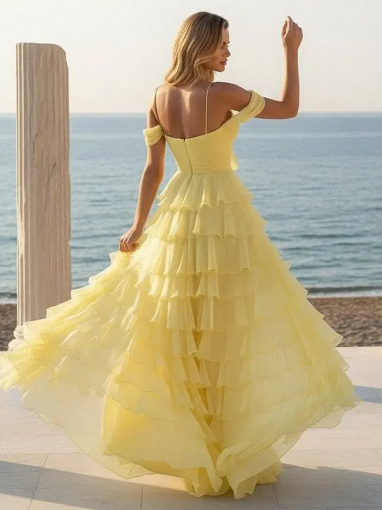 Elegant A-Line Sweetheart Off-Shoulder Ruffled Slit Yellow Floor-Length Prom Dress
