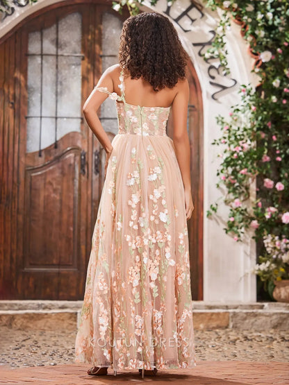 Elegant A-Line Sweetheart One-Shoulder Floral Embroidered Nude Floor-Length Prom Dress