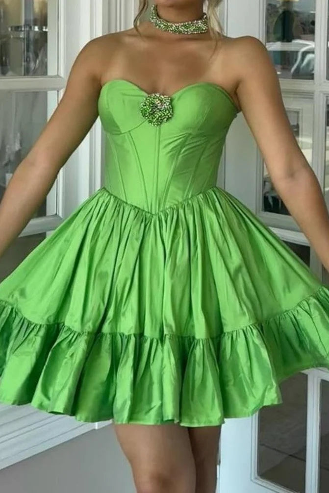 Elegant A-Line Sweetheart Playful Ruffled Lime Green Short Homecoming Dresses