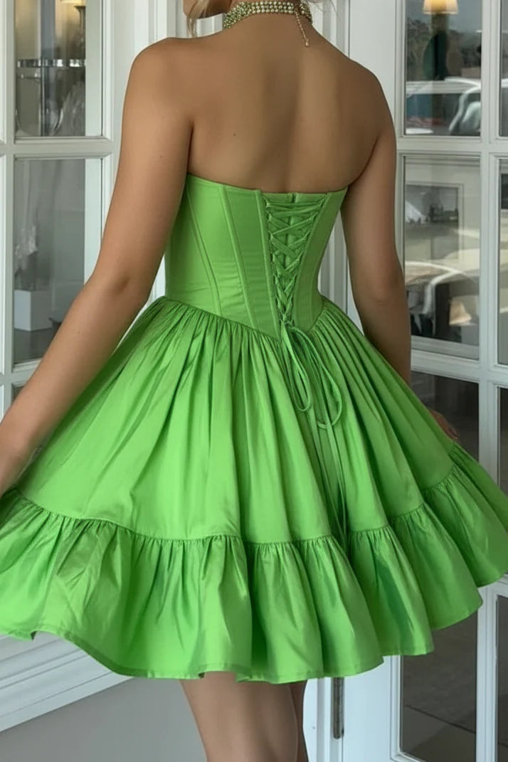 Elegant A-Line Sweetheart Playful Ruffled Lime Green Short Homecoming Dresses