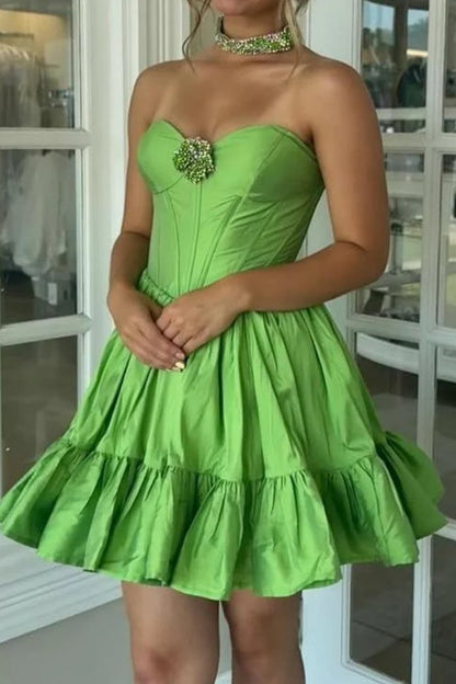 Elegant A-Line Sweetheart Playful Ruffled Lime Green Short Homecoming Dresses