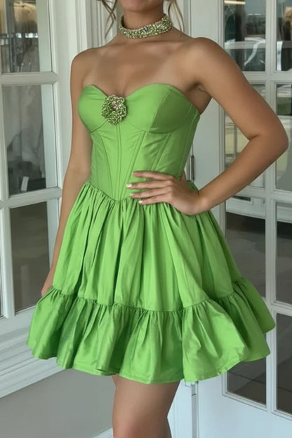 Elegant A-Line Sweetheart Playful Ruffled Lime Green Short Homecoming Dresses