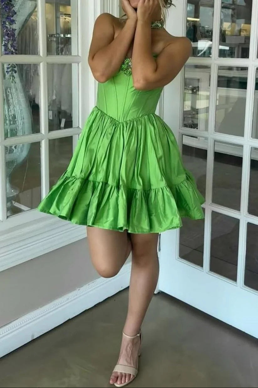 Elegant A-Line Sweetheart Playful Ruffled Lime Green Short Homecoming Dresses