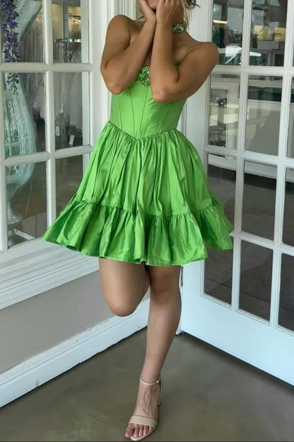 Elegant A-Line Sweetheart Playful Ruffled Lime Green Short Homecoming Dresses