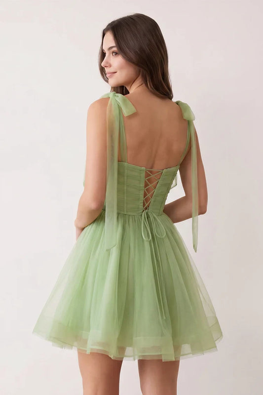 Elegant A-Line Sweetheart Pleated Tie-Shoulder Sage Green Short Homecoming Dress