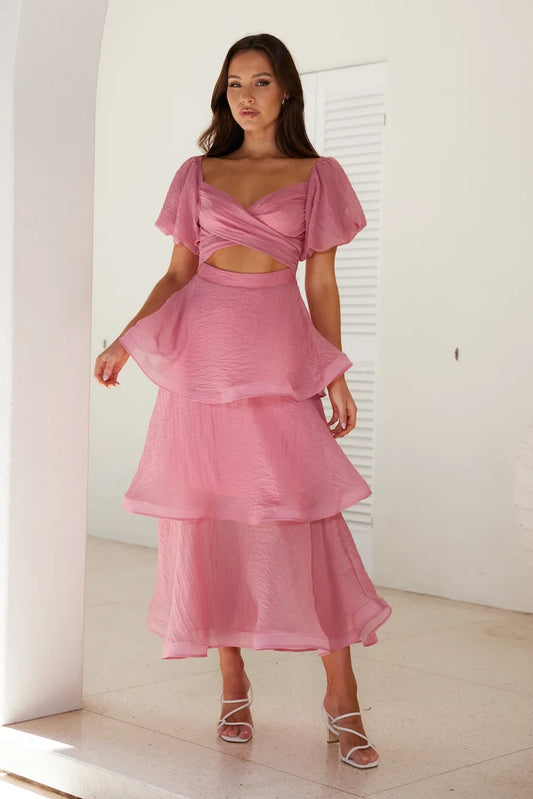 Elegant A-Line Sweetheart Puffy Sleeve Ruffled Dusty Rose Midi Prom Dress