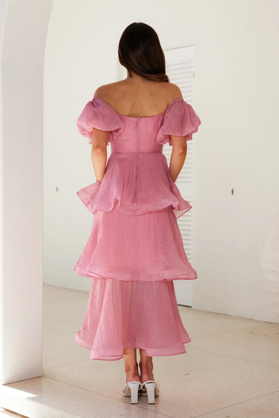 Elegant A-Line Sweetheart Puffy Sleeve Ruffled Dusty Rose Midi Prom Dress