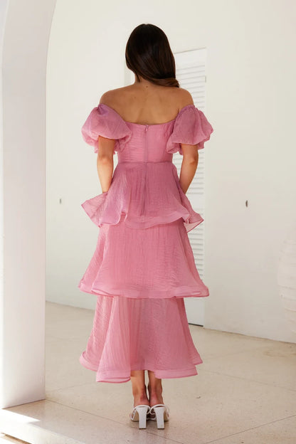 Elegant A-Line Sweetheart Puffy Sleeve Ruffled Dusty Rose Midi Prom Dress