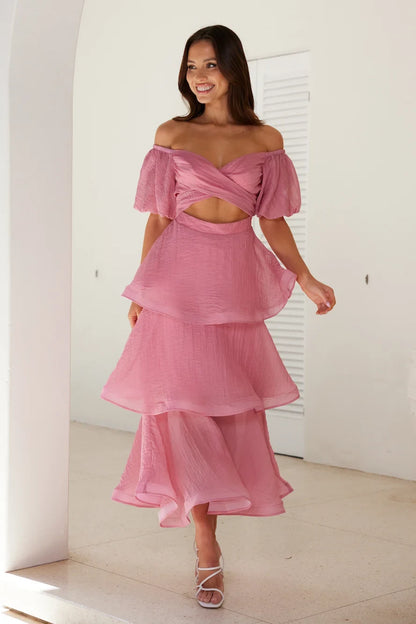 Elegant A-Line Sweetheart Puffy Sleeve Ruffled Dusty Rose Midi Prom Dress