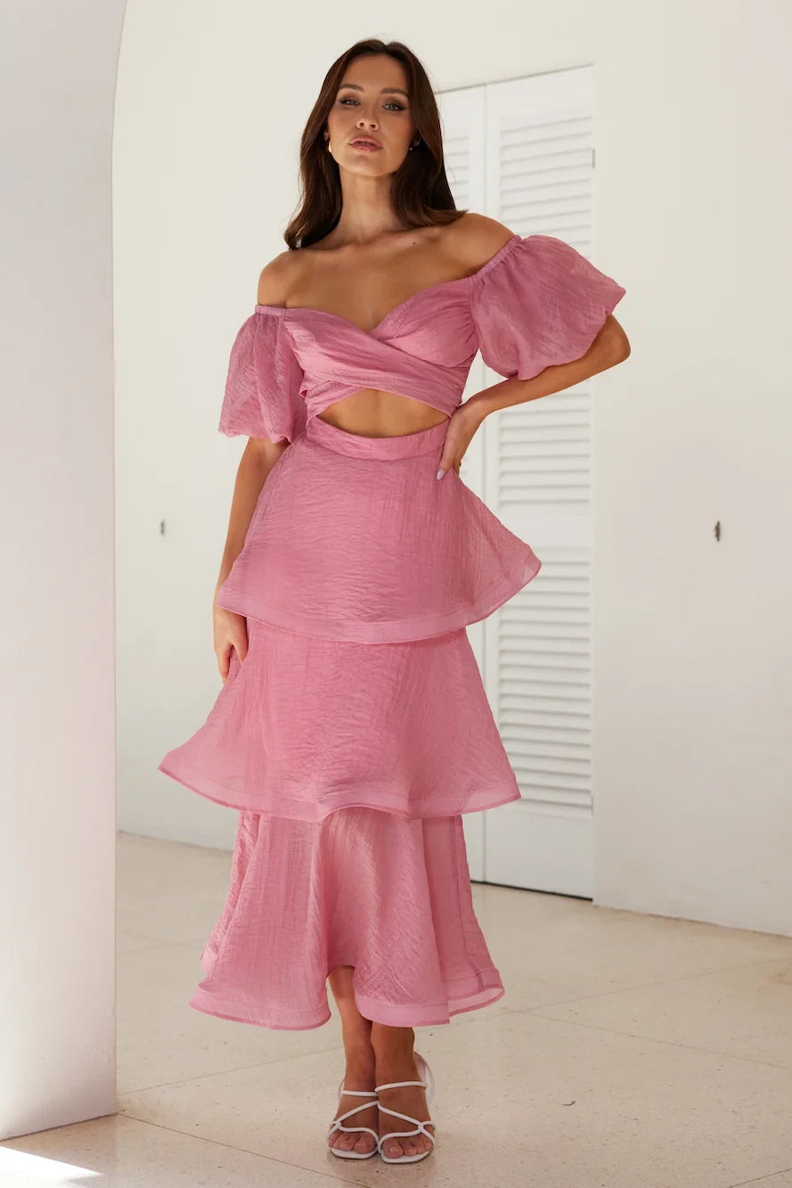 Elegant A-Line Sweetheart Puffy Sleeve Ruffled Dusty Rose Midi Prom Dress