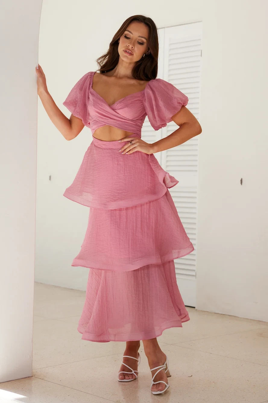 Elegant A-Line Sweetheart Puffy Sleeve Ruffled Dusty Rose Midi Prom Dress
