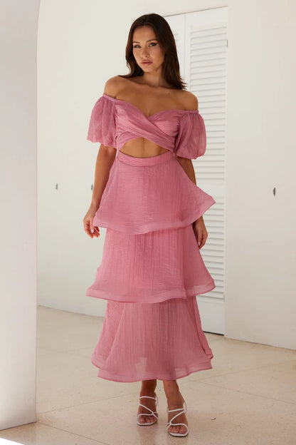 Elegant A-Line Sweetheart Puffy Sleeve Ruffled Dusty Rose Midi Prom Dress