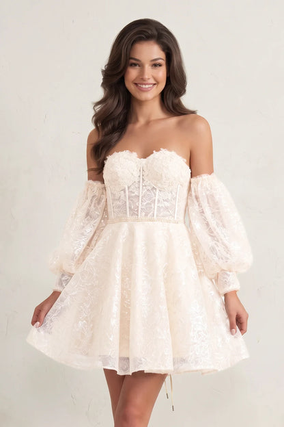Elegant A-Line Sweetheart Puffy Sleeves Sequin Champagne Short Homecoming Dress