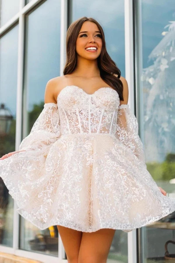 Elegant A-Line Sweetheart Puffy Sleeves Sequin Champagne Short Homecoming Dress