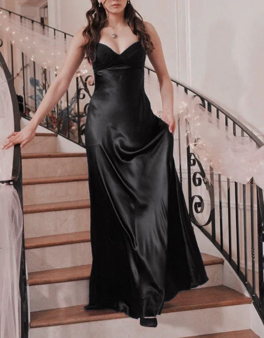 Elegant A-Line Sweetheart Ruched Bodice Black Floor-Length Prom Dresses