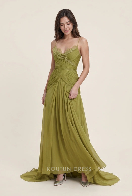 Elegant A-Line Sweetheart Ruched Lace Olive Floor-Length Prom Dresses