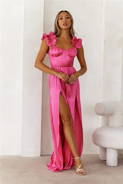 Elegant A-Line Sweetheart Ruffle Sleeveless High Slit Hot Pink Prom Dress