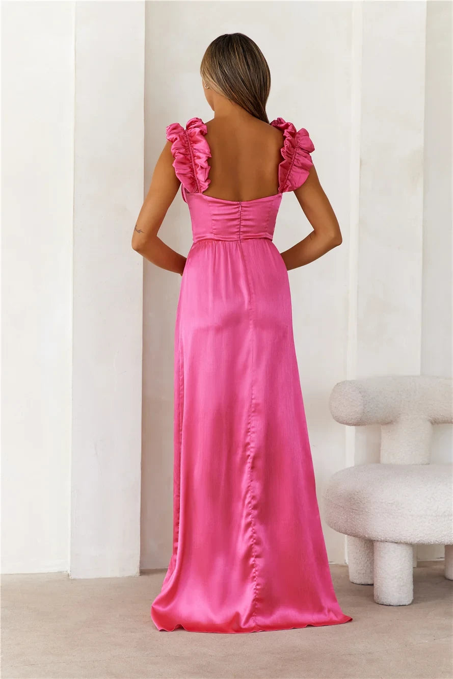 Elegant A-Line Sweetheart Ruffle Sleeveless High Slit Hot Pink Prom Dress