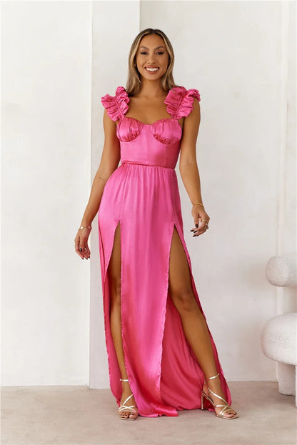 Elegant A-Line Sweetheart Ruffle Sleeveless High Slit Hot Pink Prom Dress