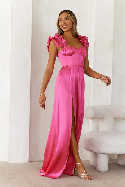 Elegant A-Line Sweetheart Ruffle Sleeveless High Slit Hot Pink Prom Dress