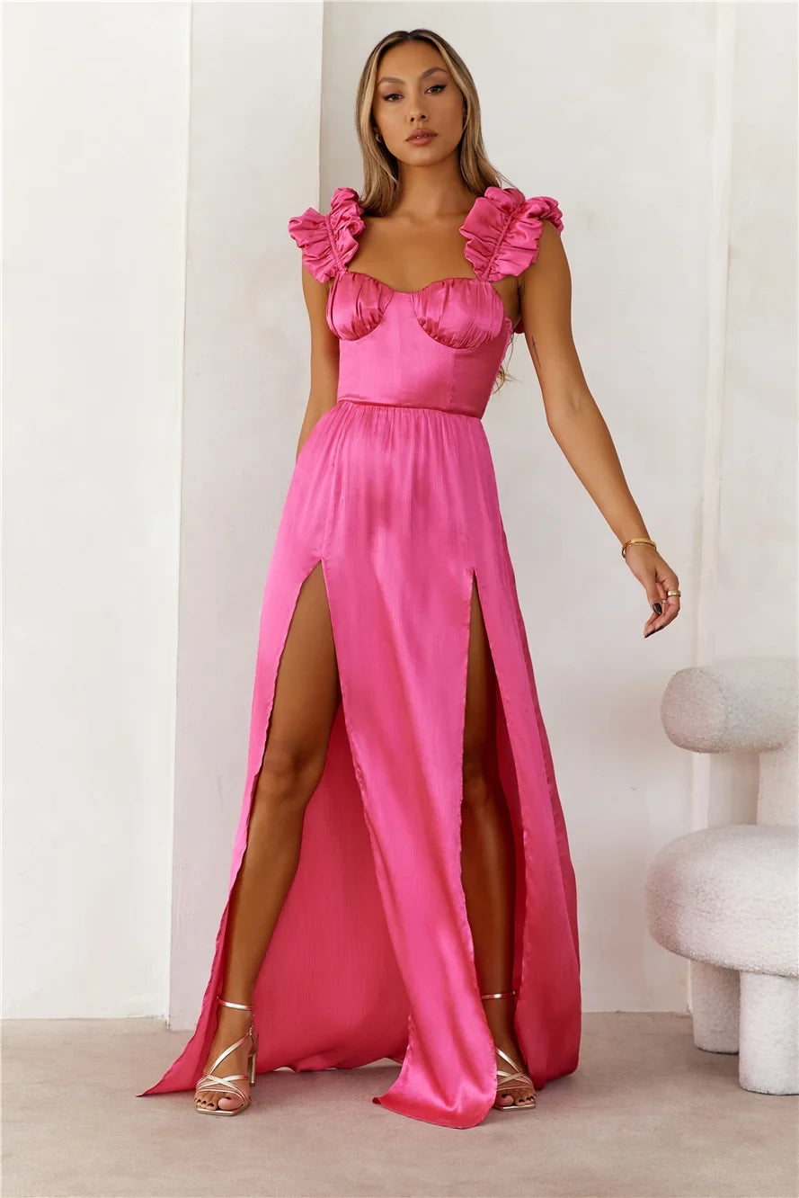 Elegant A-Line Sweetheart Ruffle Sleeveless High Slit Hot Pink Prom Dress