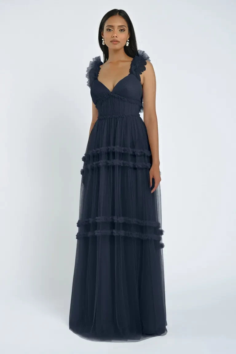 Elegant A-Line Sweetheart Ruffled Tiered Navy Blue Floor-Length Bridesmaid Gown