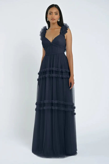 Elegant A-Line Sweetheart Ruffled Tiered Navy Blue Floor-Length Bridesmaid Gown