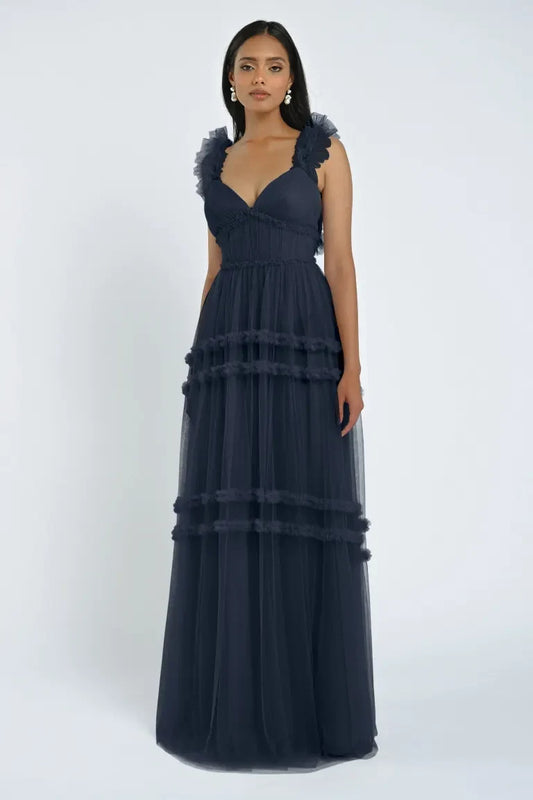 Elegant A-Line Sweetheart Ruffled Tiered Navy Blue Floor-Length Bridesmaid Gown