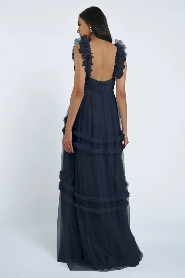 Elegant A-Line Sweetheart Ruffled Tiered Navy Blue Floor-Length Bridesmaid Gown