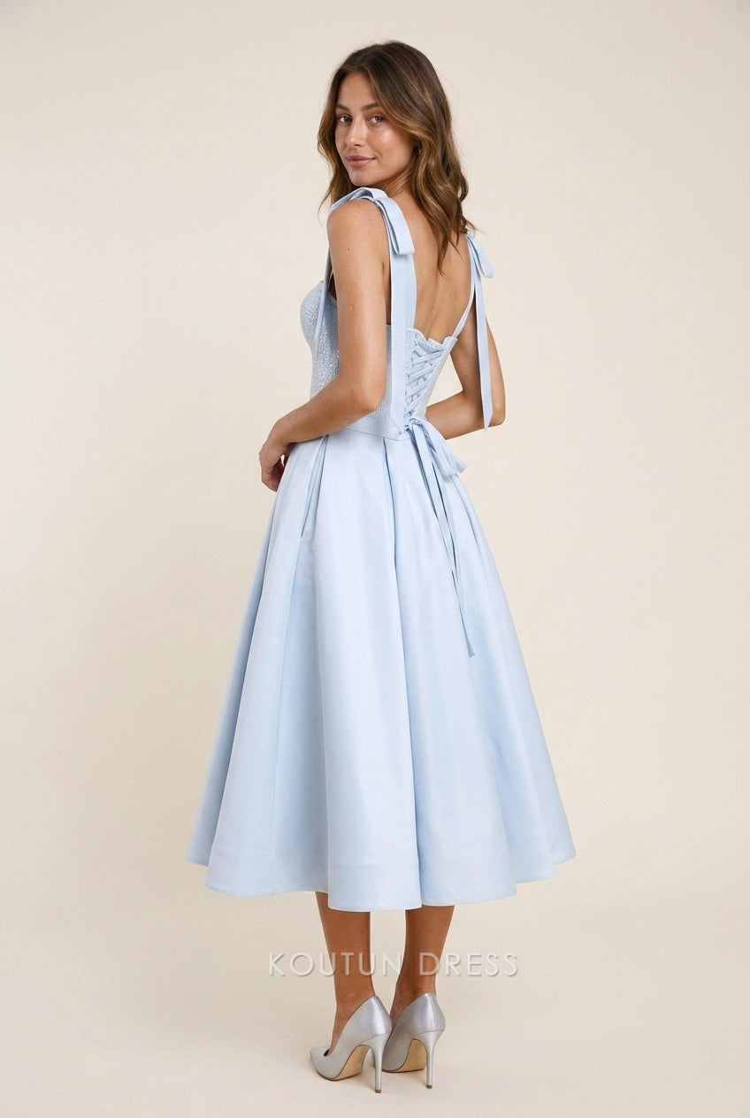 Elegant A-Line Sweetheart Sequin Bodice Tie-Shoulder Light Blue Midi Prom Dresses