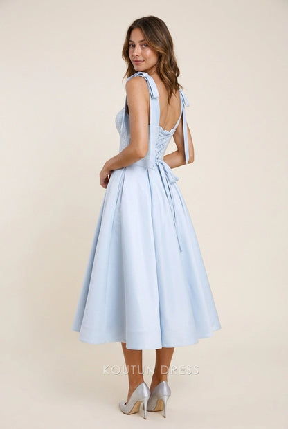 Elegant A-Line Sweetheart Sequin Bodice Tie-Shoulder Light Blue Midi Prom Dresses
