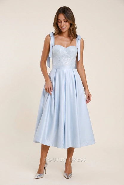 Elegant A-Line Sweetheart Sequin Bodice Tie-Shoulder Light Blue Midi Prom Dresses