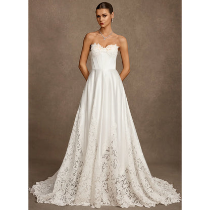 Elegant A-Line Sweetheart Sleeveless Applique Ivory Floor-Length Wedding Bridal Gown