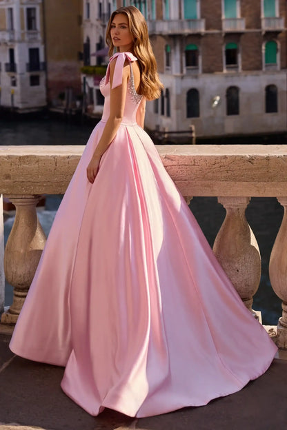 Elegant A-Line Sweetheart Sleeveless Beaded Flowy Pink Floor-Length Prom Dresses Women's Gown