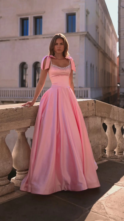 Elegant A-Line Sweetheart Sleeveless Beaded Flowy Pink Floor-Length Prom Dresses Women's Gown