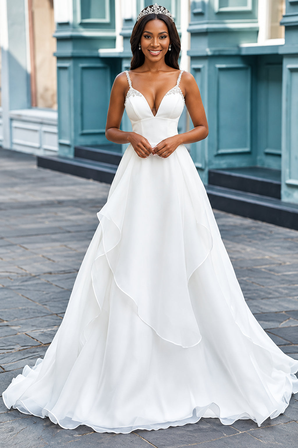 Elegant A-Line Sweetheart Sleeveless Beaded Ruffled White Floor-Length Wedding Gown