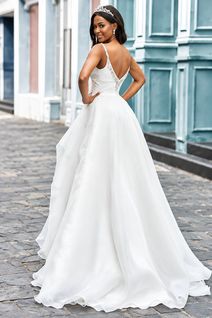 Elegant A-Line Sweetheart Sleeveless Beaded Ruffled White Floor-Length Wedding Gown