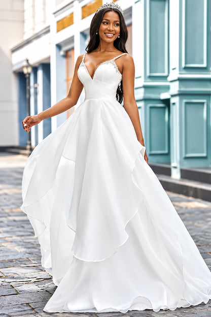Elegant A-Line Sweetheart Sleeveless Beaded Ruffled White Floor-Length Wedding Gown
